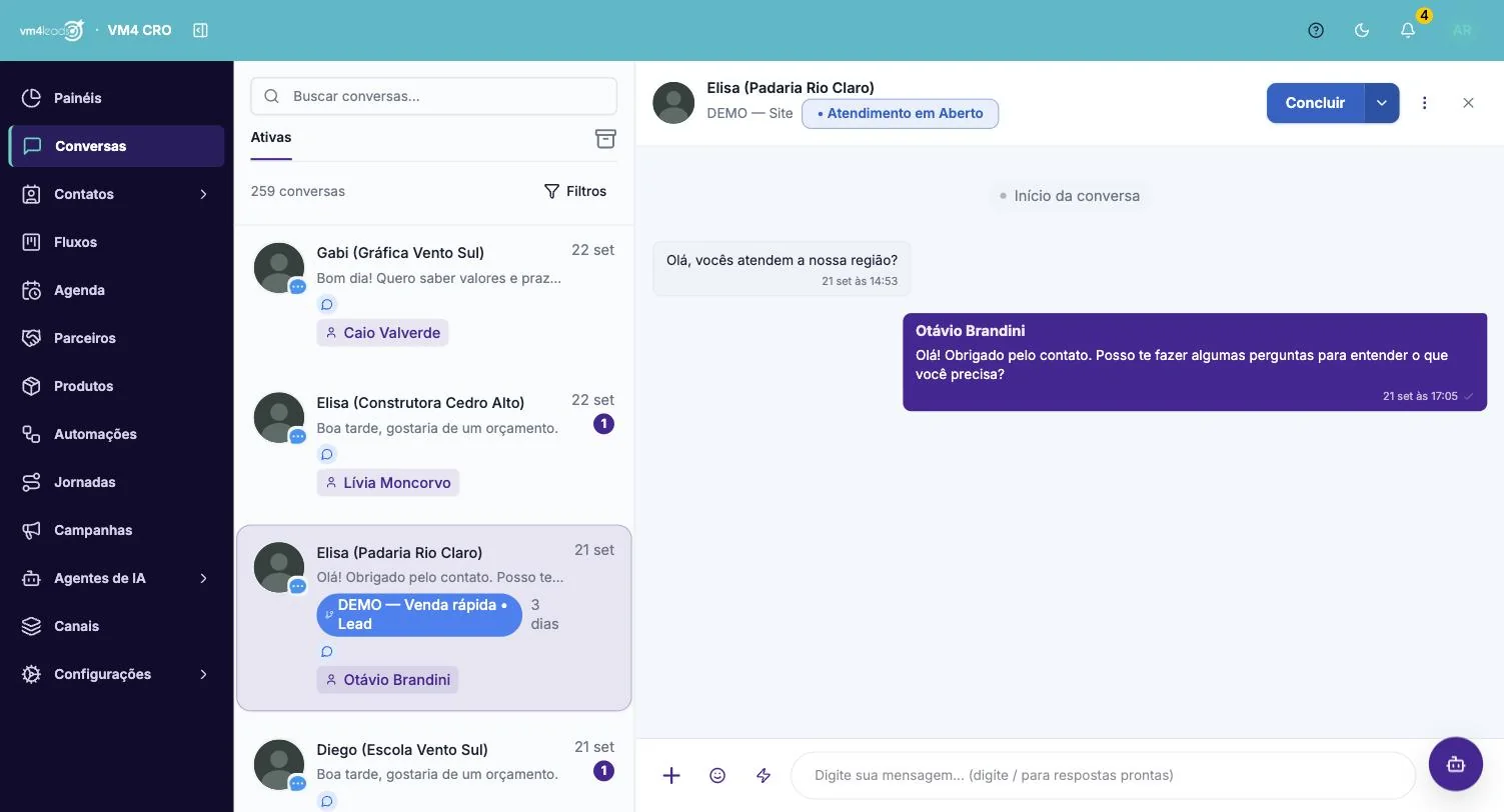Caixa de conversas do VM4 CRO, com etiquetas de etapa, responsáveis e uma conversa aberta