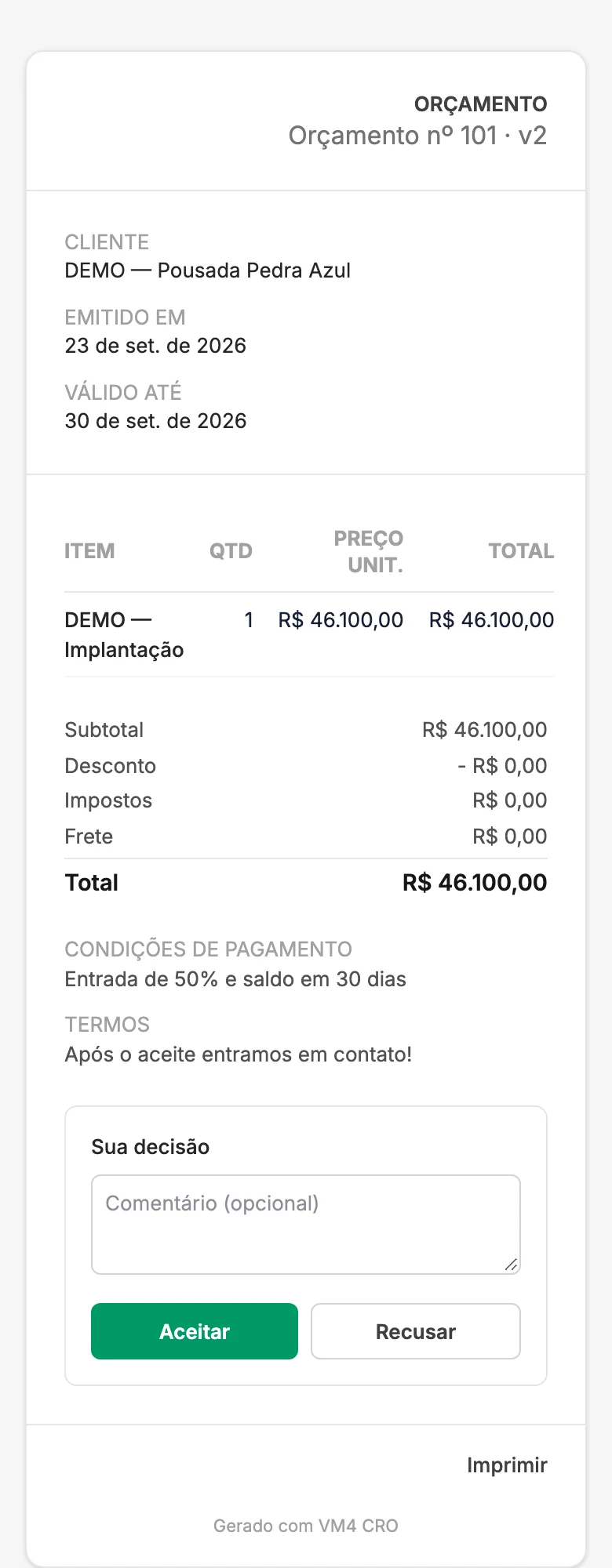 Proposta aberta no celular do cliente, com os itens, o total e os botões Aceitar e Recusar