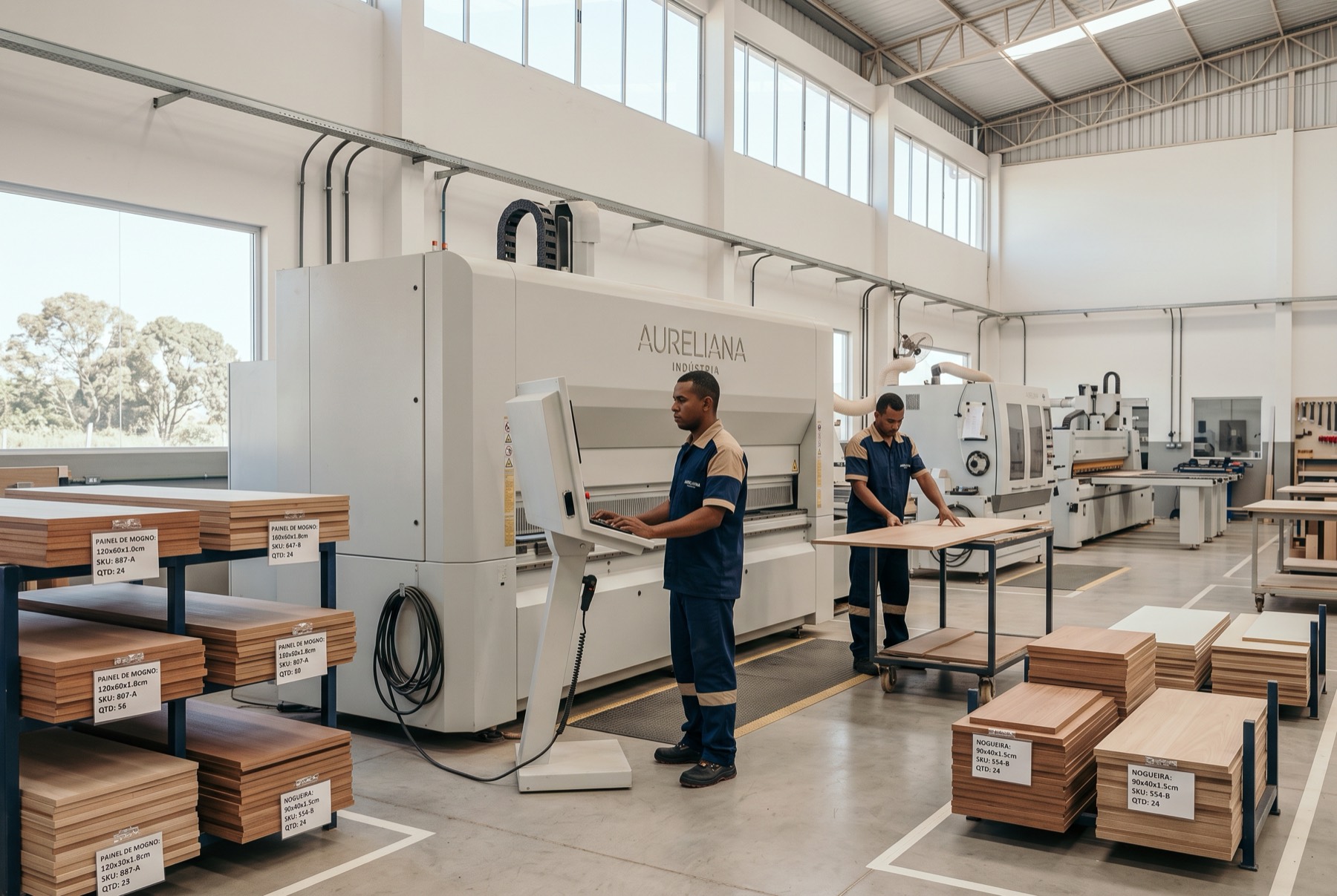 Chão de fábrica organizado, com dois operadores trabalhando